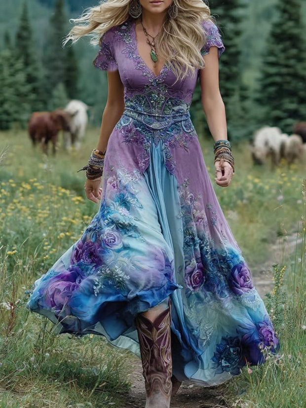 Sabina | Élégante Robe Courte Maxi Dégradé Violet Lavande et Motifs Floraux