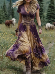 Sabina | Élégante Robe Courte Maxi Dégradé Violet Lavande et Motifs Floraux