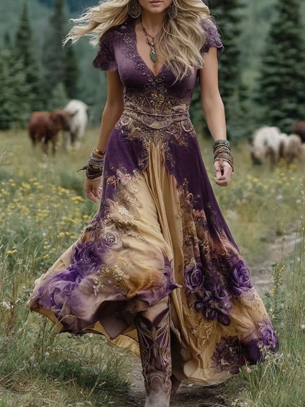 Sabina | Élégante Robe Courte Maxi Dégradé Violet Lavande et Motifs Floraux