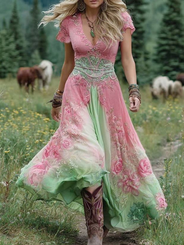 Sabina | Élégante Robe Courte Maxi Dégradé Violet Lavande et Motifs Floraux