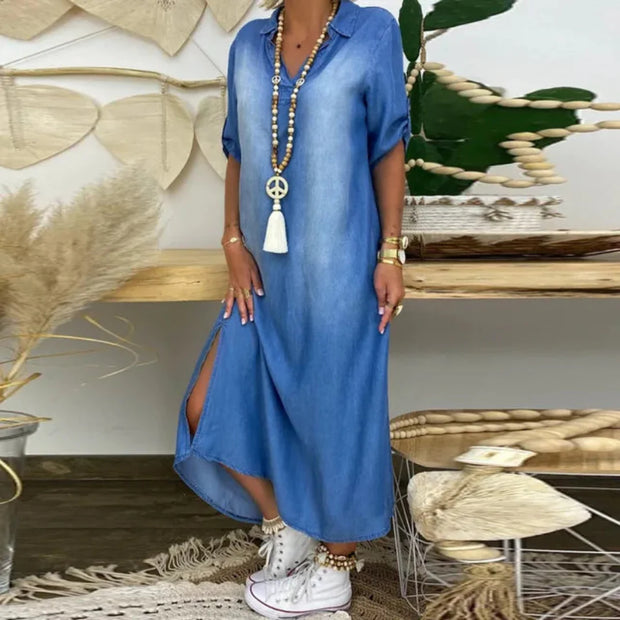 Roben™ | Robe d’été mi-longue col V en denim
