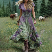 Sabina | Élégante Robe Courte Maxi Dégradé Violet Lavande et Motifs Floraux