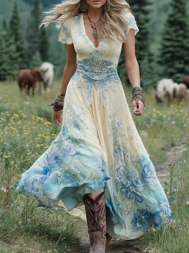 Sabina | Élégante Robe Courte Maxi Dégradé Violet Lavande et Motifs Floraux