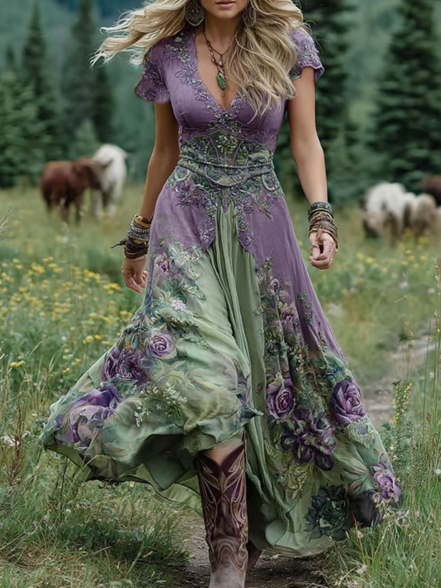 Sabina | Élégante Robe Courte Maxi Dégradé Violet Lavande et Motifs Floraux