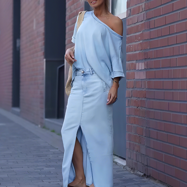 Top femme à épaule diagonale avec jupe maxi en denim fendue