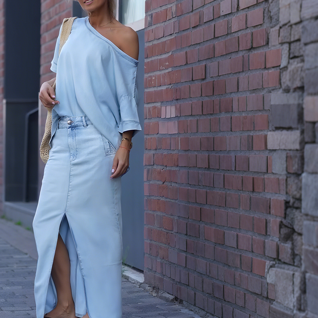 Top femme à épaule diagonale avec jupe maxi en denim fendue
